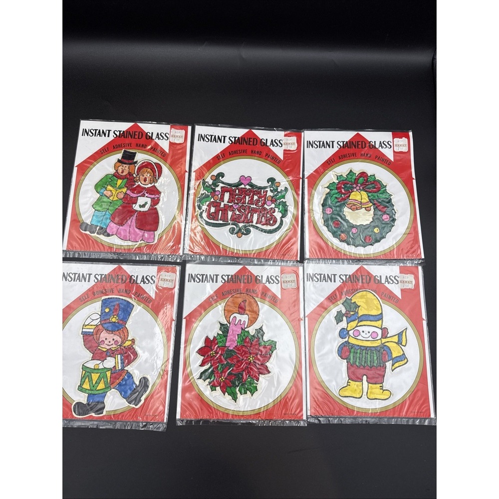 6 VTG NOS Instant Stained‎ Glass Christmas Window Cling Hand Painted Taiwan